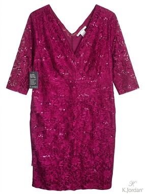 K Jordan Women's Magenta Lace Sequin V-Neck Long Sleeve Dress
